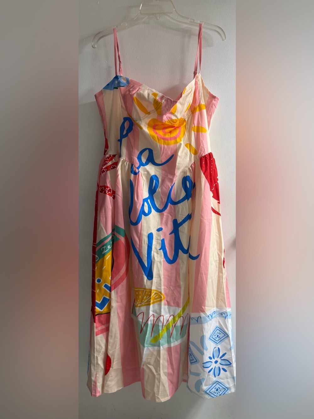 Pink & Multicolor Graphic Midi Dress with Spaghetti Straps